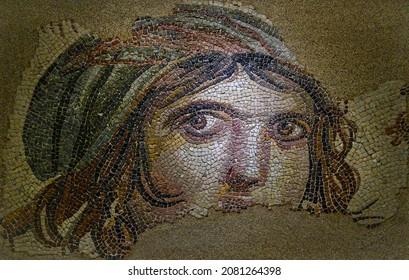 Gypsy girl mosaic in the Zeugma museum in Gaziantep, Turkey. The Museum is one of the largest mosaic collection in the world. The ancient city of Zeugma have been founded by Alexander the Great - Shutterstock ID 2081264398