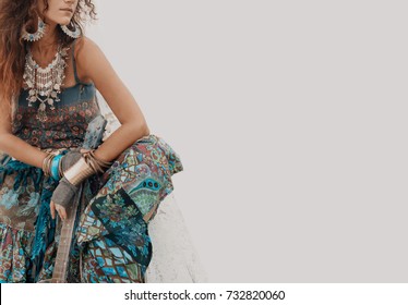 Gypsy Hippie Styled Young Woman With Guitar 