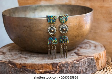Gypsy Long Bronze Earrings. Handmade Jewelry Of Polymer Clay.