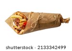 Gyro pita Shawarma sandwich isolated on white, Greek meat food wrap with paper, top view. Design element