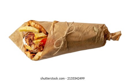 Gyro pita Shawarma sandwich isolated on white, Greek meat food wrap with paper, top view. Design element
