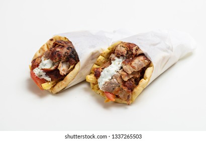 Gyro Pita, Shawarma, Take Away, Street Food. Two Pita Bread Wraps With Meat, Traditional Greek Turkish Food Isolated On White Background