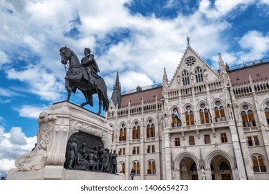 Gyula Andrassy equestrian statue in front of the Hungarian parliament in Budapest, Hungary