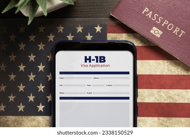 H-1b visa application concept: smartphone with USA H-1B visa application over a USA flag