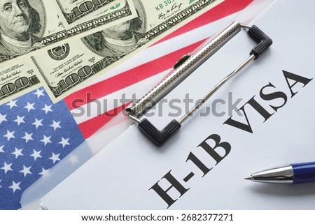 H-1B Visa is shown using a text and flag of USA with dollars. H1b visa for foreign workers
