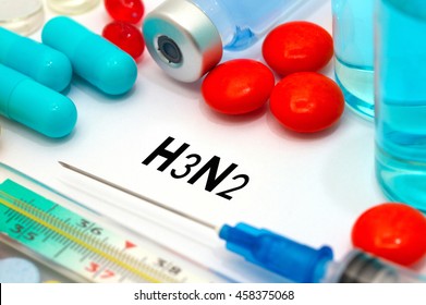 h3n2 (influenza, grippe). Treatment and prevention of disease. Syringe and vaccine. Medical concept. Selective focus