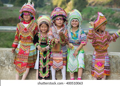 Ha Giang, Vietnam - Feb 13, 2016: Portrait of H'mong little girls wearing traditional dress during Lunar New Year holiday in Dong Van district