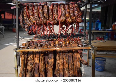 Ha Giang, Vietnam - June 28 2021: Vietnamese style pork sausages at local market in Ha Giang Province, Vietnam.