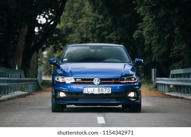 Haapsalu, EE - JUL 15, 2018: New Volkswagen Polo GTI 2018 blue hatchback front