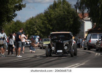 Haapsalu, Estonia - JUL 15, 2018: American Car Beauty Show Old Classic HotRod On The City Street