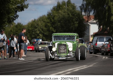 Haapsalu, Estonia - JUL 15, 2018: American Car Beauty Show Old Classic HotRod On The City Street