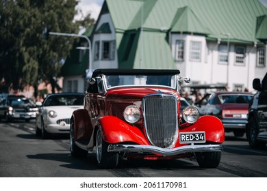 Haapsalu, Estonia - JUL 15, 2018: American Car Beauty Show Old Classic HotRod On The City Street