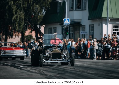 Haapsalu, Estonia - JUL 15, 2018: American Car Beauty Show Old Classic HotRod On The City Street