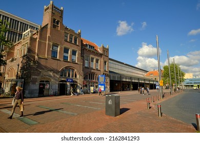 Haarlem, Holland, May 24, 2022: Wide angle view of the main train station in Haarlem on a sunny day.