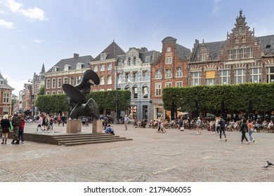 Haarlem, The Netherlands, August 3, 2021; Old beautiful houses on the main square in the center of Haarlem.
