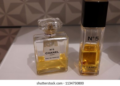 Haarlem, The Netherlands - July 8th 2018: Chanel Number 5 Perfume On Display In A Luxurious Store.