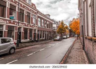 Haarlem, the Netherlands - October 13, 2021: Street view and generic architecture in Haarlem with typical Dutch style buildings.