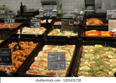 Haarlem, The Netherlands, October 6th 2018:take Away Seafood In A Sustainable Supermarket. Tags: Product Information In Dutch, Smoked Salmon, Saite, Tuna Fish