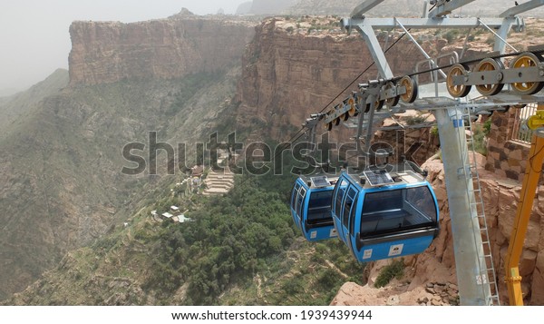 Habala, Saudi Arabia -\
20 August 2020: Cable car to Al Habala heritage village in Southern\
Saudi Arabia