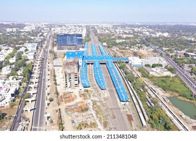 Habibganj, Madhya Pradesh, India -  January 26, 2022: Aerial View Of The Construction Of Elevated Metro Rail And Railway Station At Habibganj, Madhya Pradesh, India