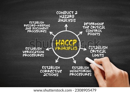 HACCP PRINCIPLES, identification, evaluation, and control of food safety hazards based on the following seven principles, mind map concept on blackboard