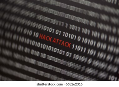 Hack attack text in red in the middle of the computer screen. Surrounded by 0 and 1 numbers. Image has a spin blur effect applied. 
