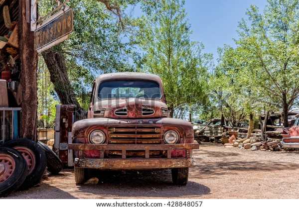 Hackberry,\
Arizona, USA - June 11th 2014. Old car wreck at Hackberry General\
Store. Hackberry is located on Arizona State Route 66 (former U.S.\
Route 66) 23 miles northeast of\
Kingman