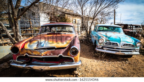 Hackberry, AZ, USA -\
January 2020 : Abandoned automobiles Hackberry General Store on\
Arizona State Route\
66
