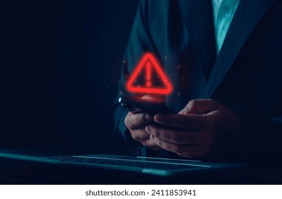 Hacked system notification Cyber attacks on telephone networks, warning signs, cyber risks, warnings, cautions, errors, threats, network security hazards.