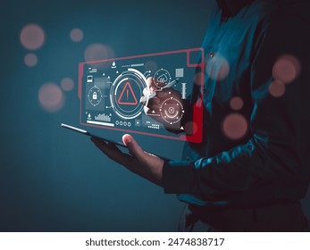 Hacked system notification With virtual warning signs for cyber attacks, ransomware, viruses, spyware, malware or malicious software. data breach cyber security and cybercrime