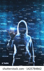 Hacker With Abstract Big Data Interface On Blurry Background. Software And Hacking Concept. Multiexposure 