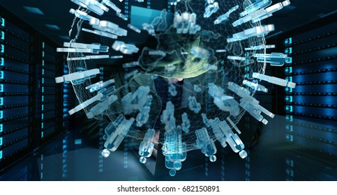 Hacker accessing to personal data information with a computer in a dark room 3D rendering