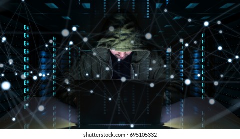 Hacker accessing to personal data information with a computer in a dark room 3D rendering
