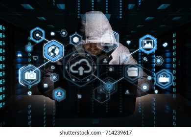 Hacker accessing to personal data information with a computer in a dark room 3D rendering