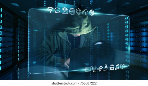 Hacker accessing to personal data information with a computer in a dark room 3D rendering