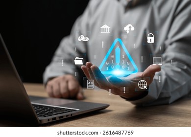 Hacker, Alert system security and software concept, Businessman show system warning hacked alert,  Warning sign, Banking, Data, Cloud computer, cybercrime, Cybersecurity, Data breach, Scam protection