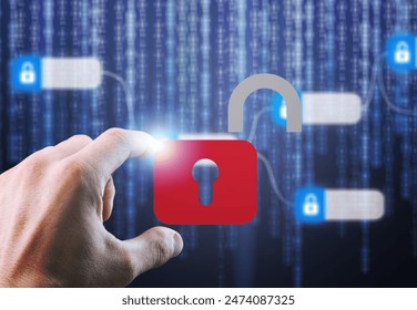 hacker attack alert with broken padlock , cybersecurity
