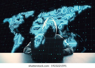 Hacker attack concept with noface hacker working on laptop and digital glowing world microchip map at dark background