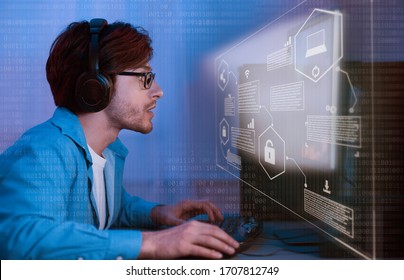 Hacker Attack And Cyber Security Concept, Collage With Symbols. Man using pc and stealing info, double exposure