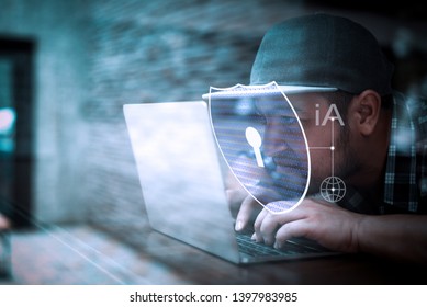 Hacker attack and data breach,Digital crime by an anonymous hacker,Anonymous hacker programmer uses a laptop to hack the system in the dark. Creation and infection of malicious virus.