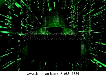Hacker. Hacker attack. Developer. Software developer. Bandit. Criminal. Attack. information attack. Information. Cryptocurrency. Bitcoin. Computer. Green hacker. Darkness. Darknet. Masked man. Mask.