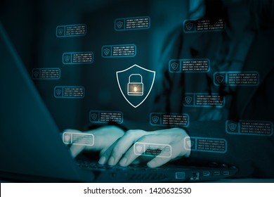 Hacker attack laptop computer,background icon binary,shield and padlock,concept preventing website attack,keeping financial information,block chain and internet of things(iot)technology,cyber security