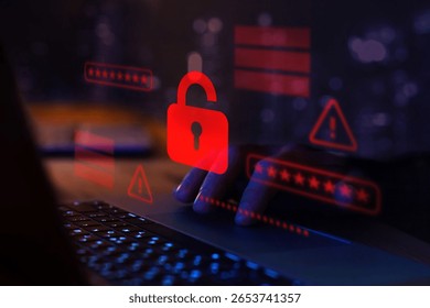 Hacker attack. Security alert, system hacked, internet cyber attack concept with red broken padlock, cybersecurity. Compromised password.