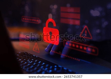 Hacker attack. Security alert, system hacked, internet cyber attack concept with red broken padlock, cybersecurity. Compromised password.