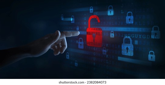 hacker attack, security breach, system hacked alert with red broken padlock , cybersecurity concept