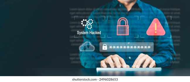 Hacker attack. User is using computer, Security breach, system hacked, internet cyber attack alert with red padlock, cyber crime, cyber security, spyware, ransomware, phishing 