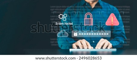 Hacker attack. User is using computer, Security breach, system hacked, internet cyber attack alert with red padlock, cyber crime, cyber security, spyware, ransomware, phishing 
