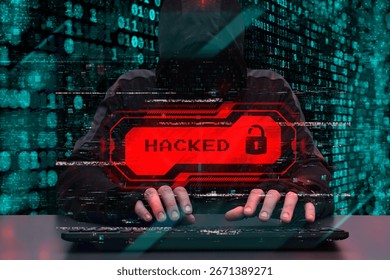 Hacker behind a computer with a red warning hacked. Concept of cybersecurity threat, attacks on data and online systems