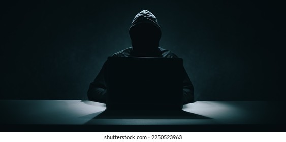 hacker in black hoodie working on laptop in the dark room. cyber security. banner - Powered by Shutterstock