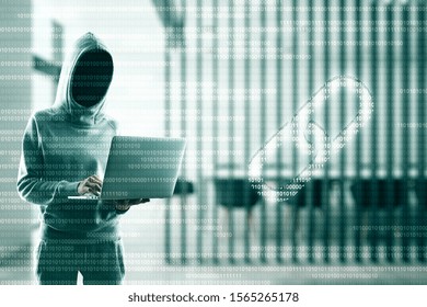 Hacker in blurry interior using laptop with creative blockchain link and binary code. Block chain and hacking concept. Multiexposure 